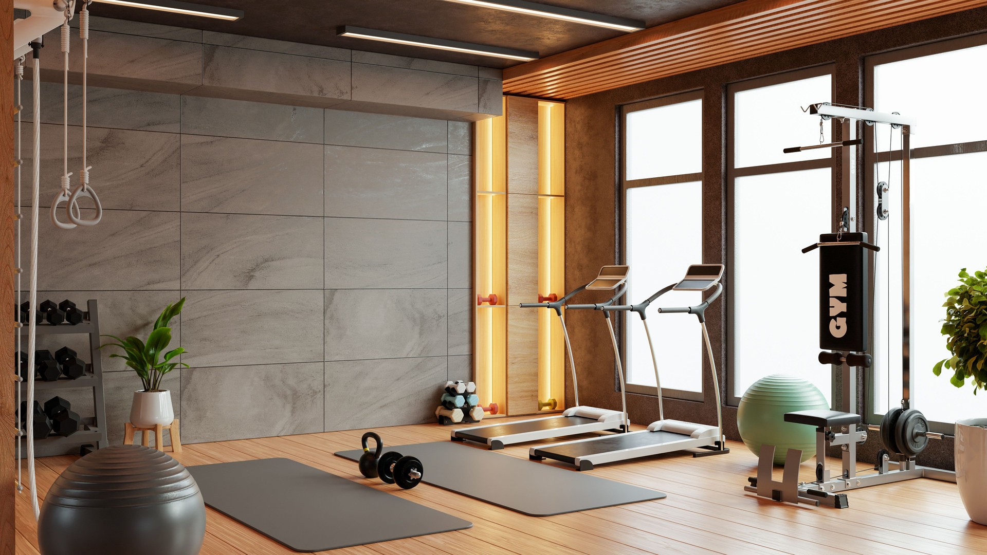 Das Interieur des modernen hellen Fitnessstudios ist gut mit modernen Geräten und Fitnessgeräten ausgestattet und bietet einen funktionalen und komfortablen Raum für das Training - 3D-Rendering